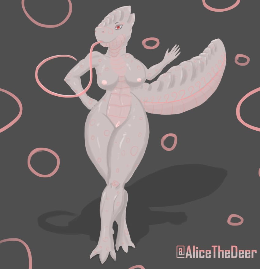 absurd_res alicethedeer anthro circle dots female fully_shaded hi_res non-human_areolae nude pink_eyes pinup pose reptile scales scalie simple_background solo thick_tail thick_thighs white_body white_skin