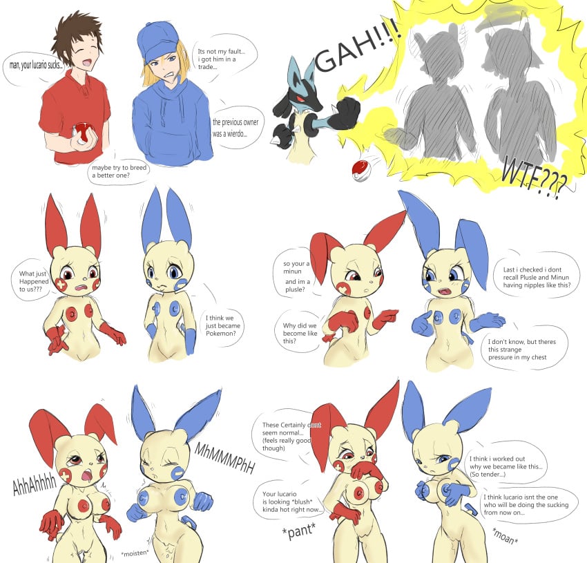 2021 absurd_res anthro bimboaudino bimbovaporeon blue_nipples bodily_fluids breast_growth breasts dialogue english_text female gender_transformation genital_fluids genitals group growth hand_on_breast hi_res human human_to_anthro looking_down lucario male mammal minun mtf_transformation navel nintendo nipples nude open_mouth orgasm plusle poke_ball pokemon pokemon_(species) pussy pussy_juice red_nipples simple_background small_waist species_transformation standard_poke_ball superabsurd_res surprise tail_growth text transformation video_games white_background