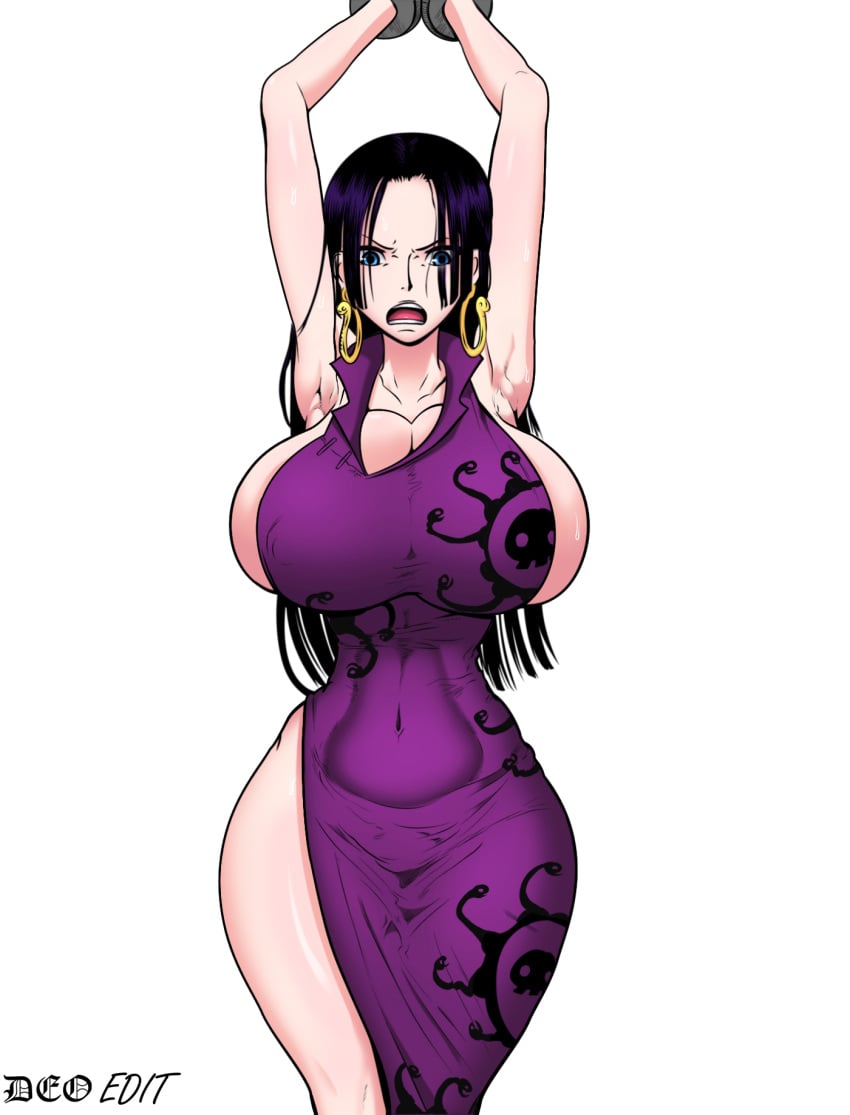 1girls armpits arms_up big_breasts bimbo bimbofied black_hair blue_eyes boa_hancock bondage colored deoarts dress earrings edit female female_only handcuffs hourglass_figure huge_breasts large_breasts long_hair midaresaki_kaizoku_jotei one_piece rebis restrained solo solo_female tagme thick_thighs third-party_edit tied_hands tight_clothing tight_dress tight_fit voluptuous wide_hips