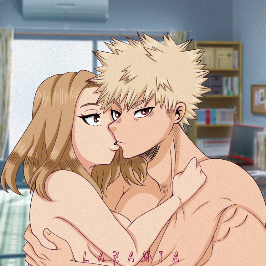 1boy 1girls bedroom blonde_hair camie_utsushimi embrace embracing female katsuki_bakugou kissing lazyanart making_out male muscular my_hero_academia nude pouty_lips sideboob spiky_hair straight