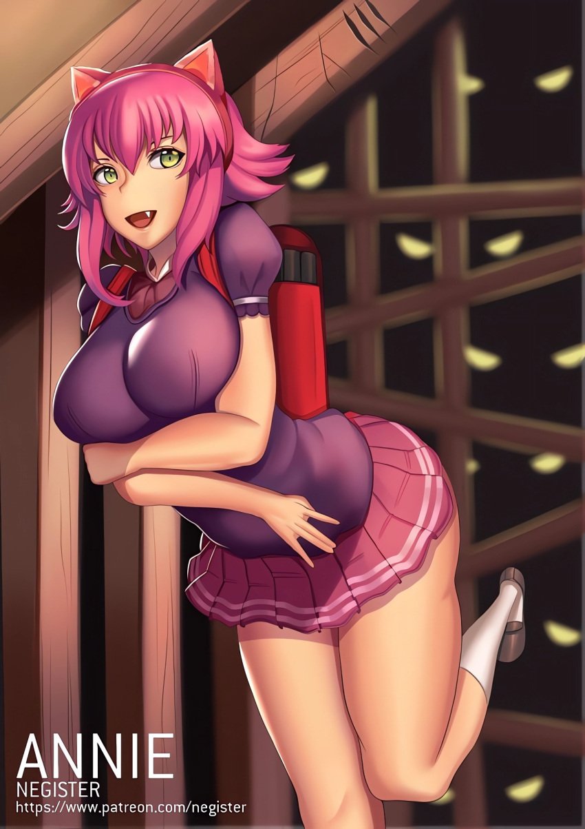 1girls adult_version aged_up annie_hastur ass bangs big_ass breasts clothed clothing fangs female female_focus female_only green_eyes highres huge_ass large_breasts league_of_legends light-skinned_female light_skin negister oerba_yun_fang open_mouth pink_hair skirt solo thick_thighs wide_hips