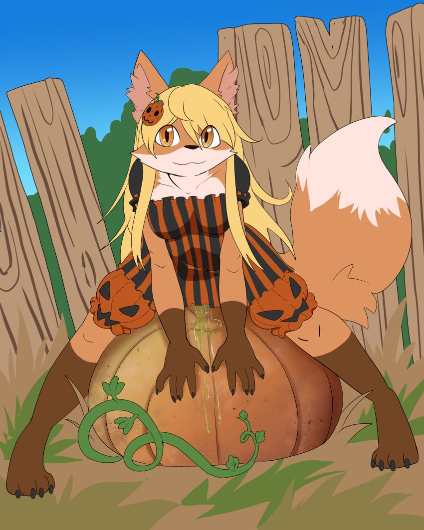 4:5 4_toes absurd_res anthro barefoot biped blonde_hair bodily_fluids canid canine claws clothed clothing digital_media_(artwork) feet female food fox fruit fur genital_fluids hair hi_res holidays leaf long_hair looking_at_another looking_at_viewer mammal original_character outside peeing plant pumpkin raveneevee simple_background smile solo toes topwear urine urine_in_pumpkin urine_stream watersports