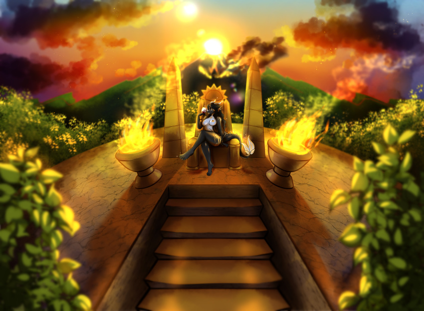 4322chan altar chair detailed_background dragon female fire furniture hi_res lava looking_at_viewer nude sitting solo sunset throne volcano