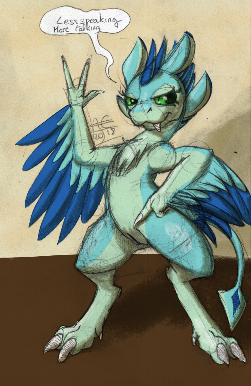 4_ears absurd_res animal_genitalia anthro avali avali_(original) blue_body blue_feathers cloaca countershading denton dewclaw dialogue digitigrade feathered_wings feathers female genitals green_body green_eyes gyrotech hi_res luvashi multi_ear presenting winged_arms wings