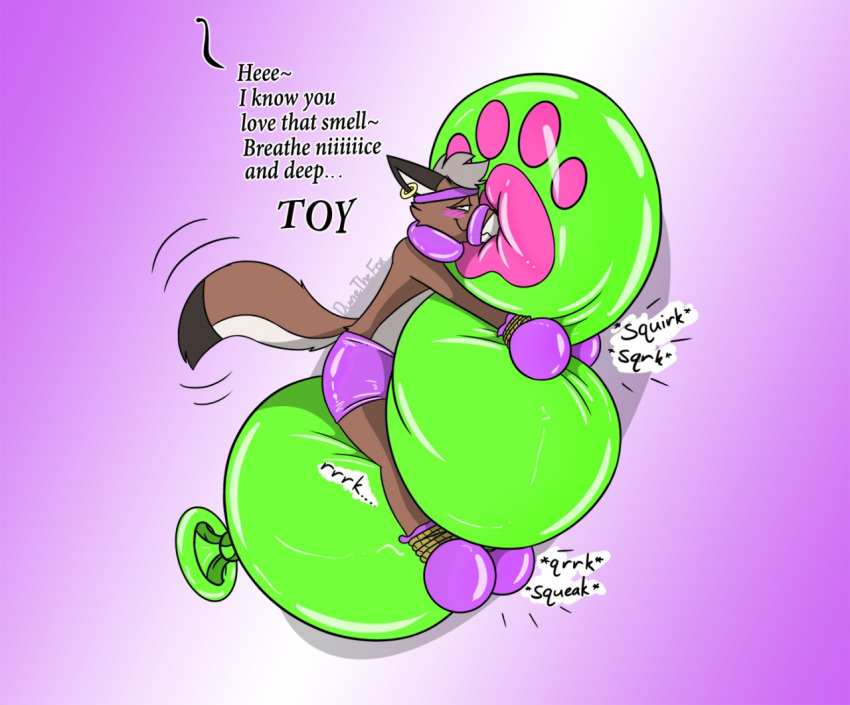 2019 anthro balloon blush brown_body brown_fur canid canine canis clothed clothing dialogue digital_drawing_(artwork) digital_media_(artwork) dipstick_tail ear_piercing ear_ring english_text fox0808 fur glistening gradient_background half-closed_eyes humiliation inflatable koebi male mammal markings multicolored_body multicolored_fur narrowed_eyes onomatopoeia piercing purple_background purple_clothing rubber simple_background solo sound_effects tail_markings text wolf