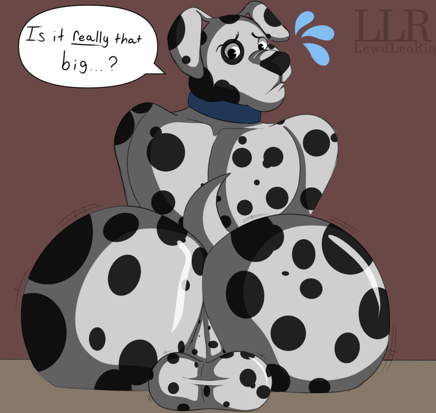 101_dalmatian_street 101_dalmatians anthro ass backsack balls big_balls big_butt black_body black_fur canid canine canis collar collar_only dalmatian dialogue digital_media_(artwork) disney domestic_dog doug_(101_dalmatians) fur genitals hi_res jiggle klr-rio looking_back male male_focus male_only mammal nude raised_tail rear_view simple_background solo speech_bubble spots white_body white_fur