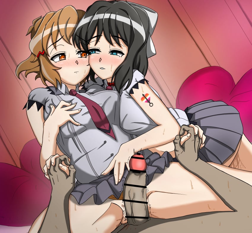 1boy 2girls aurelj big_penis cheating cheating_girlfriend cuckquean ffm ffm_threesome gender_symbol hand_holding heart-shaped_pupils kohinata_miku lesbian_pride_colors netorare orientation_play senki_zesshou_symphogear sexuality_symbol tachibana_hibiki_(symphogear) threesome