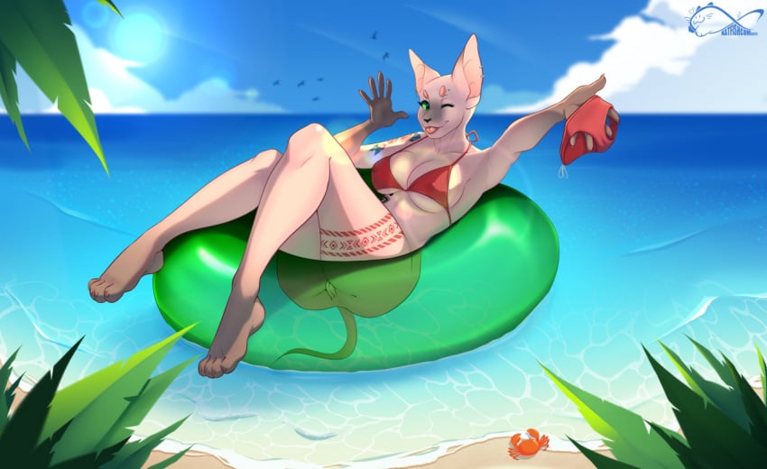 anthro arthropod beach bikini bottomless breasts clothed clothing crab crustacean decapoda detailed_background digital_media_(artwork) domestic_cat felid feline felis female feral genitals hairless hairless_cat inflatable inner_tube katfishcom malacostracan mammal marine outside pussy seaside shaded sphynx_(cat) swimwear water