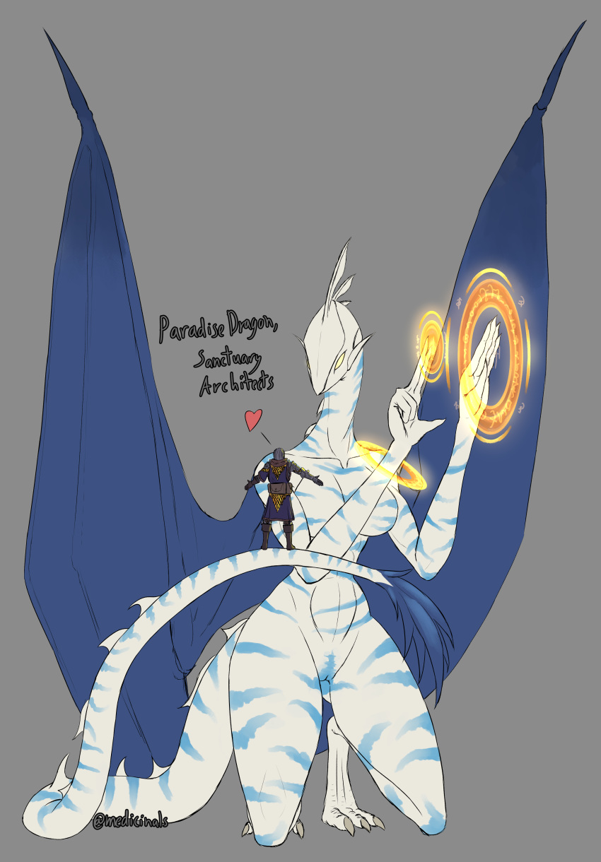 absurd_res animal_humanoid anthro dragon dragon_humanoid duo female genitals glowing glowing_eyes heart hi_res humanoid kneeling long_neck long_tail magic magic_user male medicinal_succ pathfinder pussy scale_knight_(medicinalsucc) slim stripes wide_hips wings