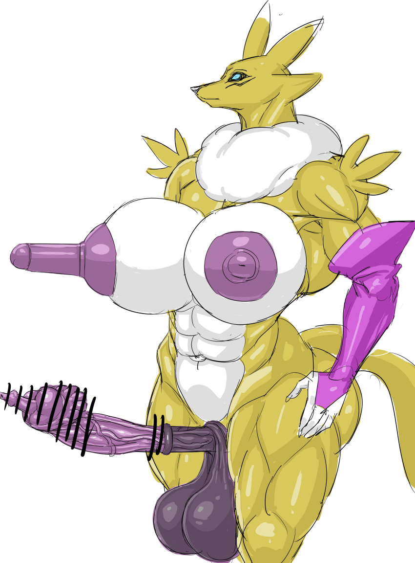 abs anthro censored digimon futanari hairi huge_balls huge_breasts huge_cock large_ass large_nipples muscular_arms muscular_female muscular_thighs renamon tail