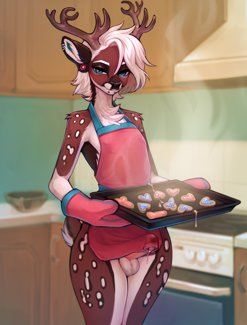 absurd_res anthro antlers appliance apron apron_only baking_tray balls blue_eyes bodily_fluids bowl brown_body brown_fur cervid chest_tuft clothing container cookie cum cum_drip cum_on_food digital_media_(artwork) dripping ear_piercing erection erection_under_apron facial_piercing femboy food fur gauged_ear genital_fluids genitals girly hair hi_res horn inside jax_(shadow-wolf20) kitchen kitchen_appliance kitchen_counter kitchen_stove lip_piercing looking_at_viewer male mammal mostly_nude oven penis piercing pink_penis portrait romarom shaded snakebite_piercing solo spots spotted_body spotted_fur standing stove three-quarter_portrait tuft white_balls white_body white_fur white_hair white_spots