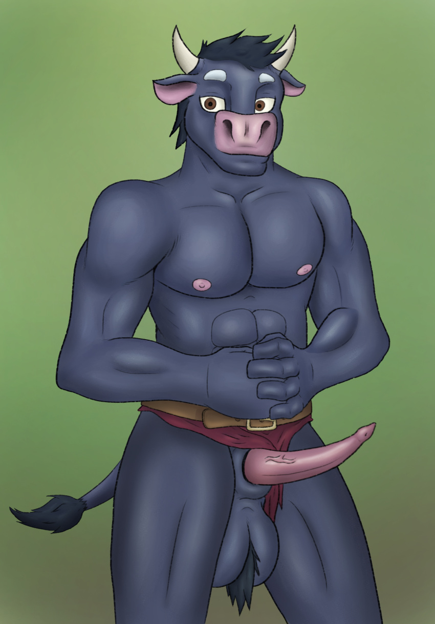 abs animal_genitalia animal_penis anthro balls belt birbdrain bottomwear bottomwear_aside bovid bovine bovine_penis brown_eyes cattle clothed clothing clothing_aside digital_drawing_(artwork) digital_media_(artwork) digital_painting_(artwork) genitals grey_body hi_res horn loincloth loincloth_aside male mammal muscular muscular_male nipples pecs penis sheath simple_background solo standing tail_tuft topless topless_male tuft vein