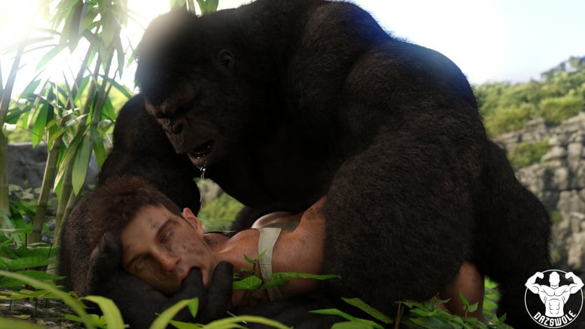 16:9 anal ape ass big_dom_small_sub bodily_fluids bottomless brown_body brown_fur clothed clothing dazswole dominant drooling duo feral finger_in_mouth fur gorilla grass haplorhine hi_res holding_partner human human_penetrated interspecies male male/male mammal muscular muscular_male penetration plant primate questionable_consent saliva sex size_difference smaller_human smaller_penetrated submissive submissive_human tree widescreen zoophilia