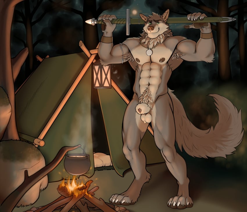 abs amulet animal_genitalia anthro armpit_hair armpit_tuft balls body_hair camping camping_tent campsite canid canine canis clawed_feet clawed_fingers detailed_background digitigrade far_beyond_the_world_(series) forest forest_background fully_sheathed fur genitals green_eyes head_tuft hi_res holding_object holding_weapon looking_at_viewer male mammal melee_weapon multicolored_body multicolored_fur muscular muscular_anthro muscular_male nature nature_background navel neck_tuft nipples nude pawpads plant possumpecker pubic_fuzz ranok_(far_beyond_the_world) sheath smile solo solo_male sword tree tuft two_tone_body two_tone_fur video_games visual_novel weapon wolf