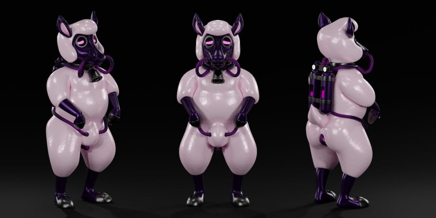 2020 2:1 3d_(artwork) 401 absurd_res anthro biped black_background bovid bulge caprine digital_media_(artwork) drone gas_mask gas_tank glistening hi_res male mammal mask pink_eyes rubber sheep simple_background slightly_chubby white_body