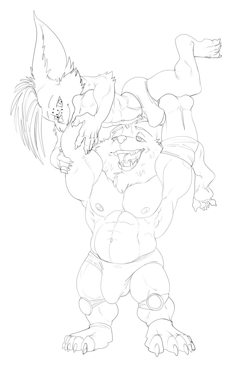 2020 5_fingers 5_toes abs absurd_res anthro anthro_on_anthro arm_tuft armband barefoot big_biceps big_calves big_pecs black_and_white bristol bulge carrying_partner cheek_tuft chin_tuft claws closed_smile clothed clothed_anthro clothed_male clothing digital_drawing_(artwork) digital_media_(artwork) duo ear_tuft elbow_tufts eye_contact eyebrows facial_tuft fan_character feet fingers front_view full-length_portrait half-closed_eyes hand_on_arm hand_on_leg happy head_tuft hi_res humanoid_hands knee_pads league_of_legends looking_at_another looking_down_at_partner looking_up_at_partner mahotis_(bristol) male male/male male_anthro mammal mohawk monochrome muscle_size_difference musclegut muscular muscular_anthro muscular_male narrowed_eyes navel nipples obliques open_mouth open_smile pecs plantigrade portrait pseudo_hair quads riot_games serratus short_anthro short_male simple_background slim_anthro slim_male smile speedo spotted_face standing swimwear toes topless topless_anthro topless_male tuft video_games white_background yordle