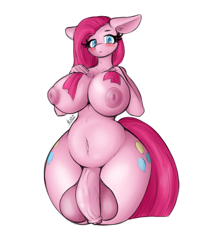 2021 absurdres anthro breasts cutie_mark equid eyebrows eyelashes fingers friendship_is_magic furry futanari genitals hasbro highres inverted_nipples looking_at_viewer mammal my_little_pony navel nipples nsfwronin penis pinkie_pie_(mlp) potbelly pussy simple_background small_waist solo straight_hair testicles white_background