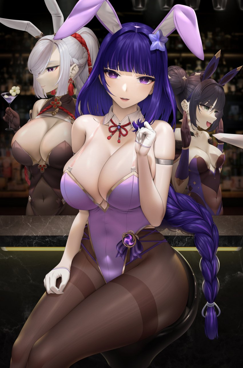 3girls black_hair blue_eyes braided_hair breast_size_difference breasts bunny_ears bunny_girl bunnysuit cleavage female female_only fouriasensei genshin_impact green_eyes hi_res highleg_leotard hips huge_breasts indoors large_breasts leotard light-skinned_female light_skin looking_at_viewer mona_(genshin_impact) naughty_face ponytail purple_eyes purple_hair raiden_shogun shenhe_(genshin_impact) slim_waist small_breasts suggestive_look thick_thighs thighs twin_buns twintails white_hair wide_hips