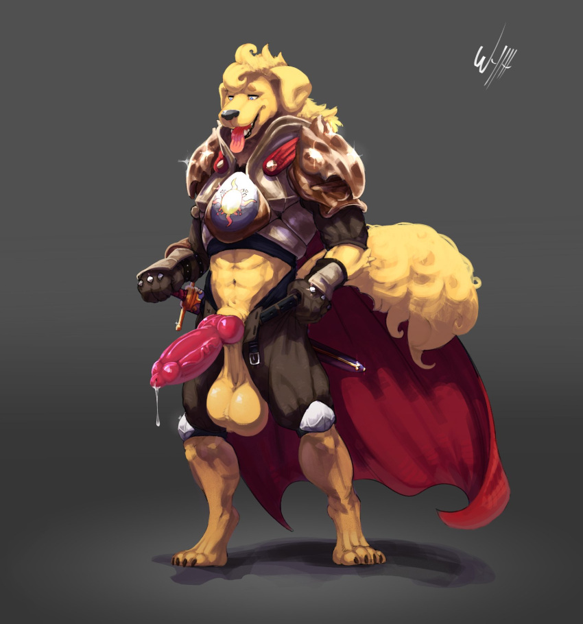 4_toes abs animal_genitalia animal_penis anthro armor balls barefoot big_balls big_penis biped bird_dog black_nose blonde_hair bodily_fluids bottomwear brown_bottomwear brown_clothing brown_shorts canid canine canine_penis canis cape claws clothed clothing digital_media_(artwork) digitigrade domestic_dog dripping erection feet floppy_ears fluffy fluffy_tail front_view full-length_portrait fur gauntlets genital_fluids genitals glistening glistening_balls glistening_genitalia glistening_penis gloves golden_retriever grey_background hair handwear hi_res hindpaw hunting_dog knight knot male mammal melee_weapon midriff monotone_body monotone_ears monotone_fur monotone_hair monotone_tail navel open_bottomwear open_clothing open_mouth open_pants open_smile pants partially_clothed pauldron paws penis plate_armor portrait precum precum_drip presenting presenting_penis red_cape red_penis retriever saggy_balls shorts simple_background smile solo solo_male standing sword teeth toe_claws toes tongue tongue_out undressing warrior weapon wyth yellow_body yellow_ears yellow_fur yellow_tail