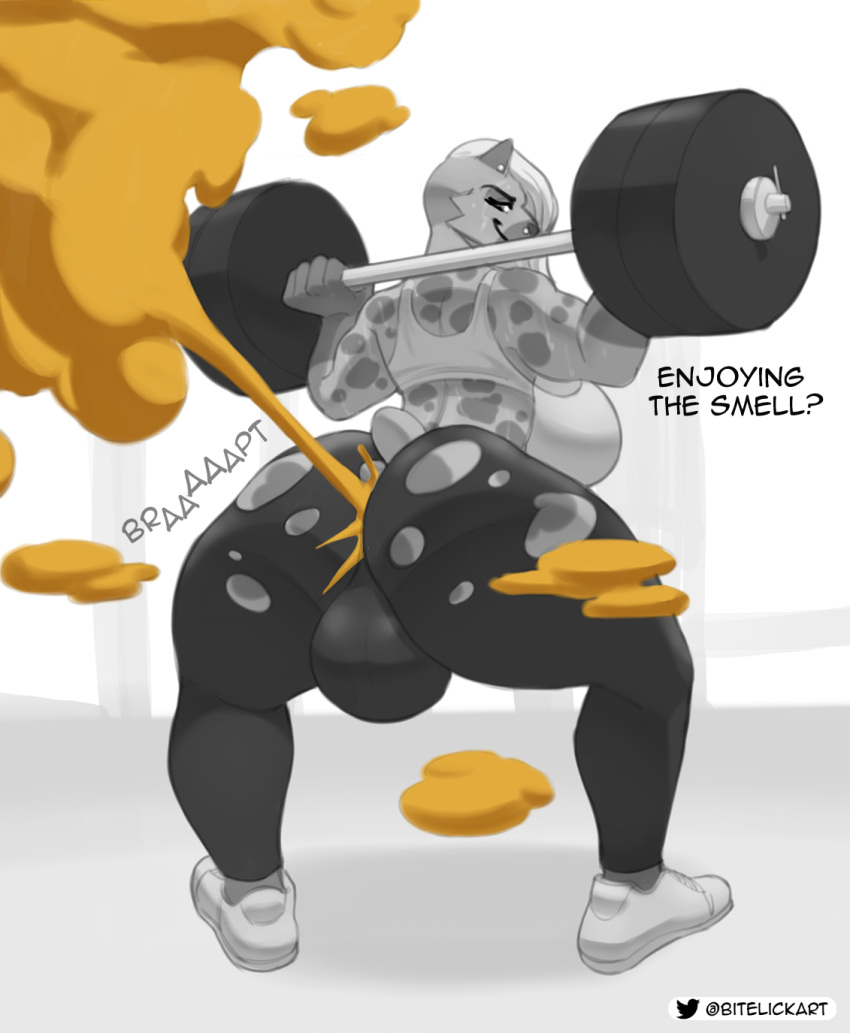 anthro balls_outline big_breasts bitelickart black_and_white blonde_hair bodily_fluids bottomwear breasts bulge clothed clothing conditional_dnp detailed_bulge dumbbell english_text exercise fart fart_cloud fart_fetish fur genital_outline gym gynomorph hair hi_res hyaenid intersex lifting looking_at_viewer mammal monochrome musk pants simple_background smelly solo spots sweat text thick_thighs topwear torn_bottomwear torn_clothing torn_pants weights white_background wide_hips