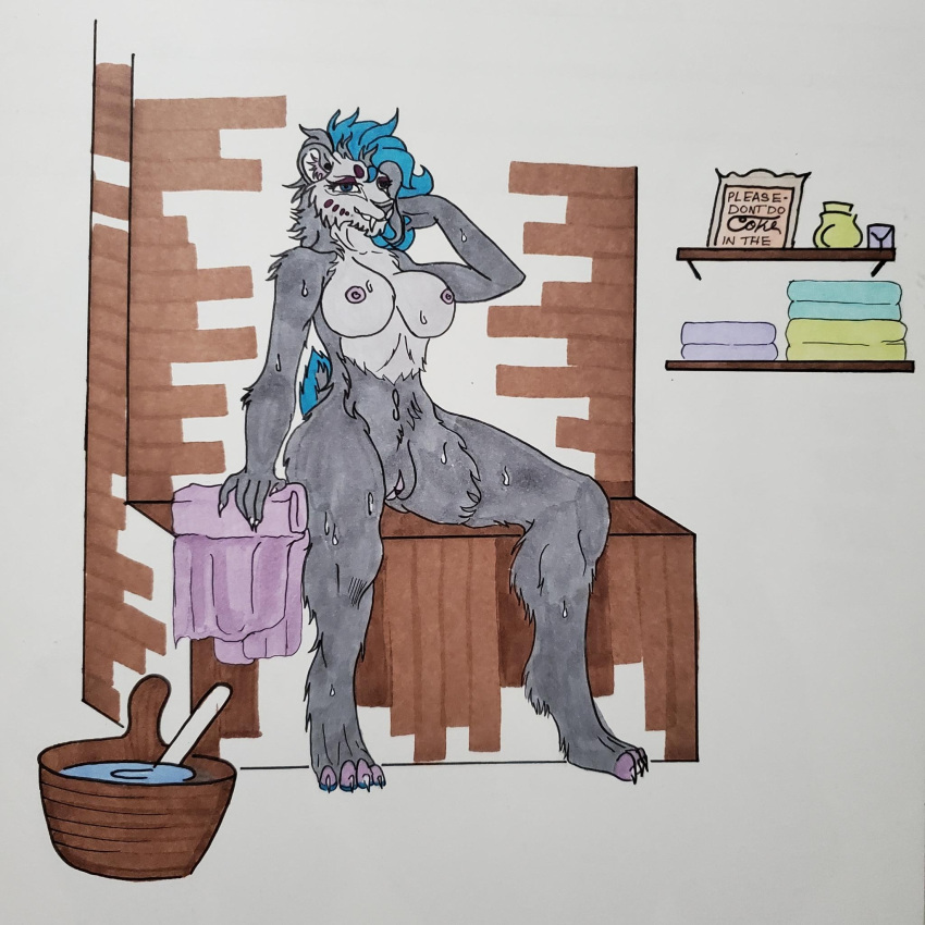 1:1 amaranth_heres anthro female hi_res hybrid lynxion sabertoothed_cat sauna selenalakitsune showers solo spa_treatment