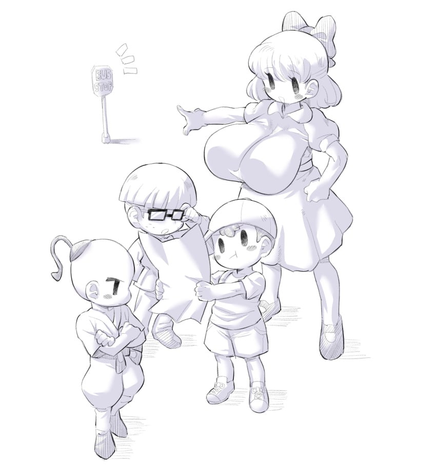 1girls 3boys alternate_breast_size baseball_cap blush bow bowl_cut breasts earthbound highres huge_breasts jeff_andonuts large_breasts mob_face mother_(series) ness paula_jones paula_polestar pointing poo_(earthbound) sakana8888888