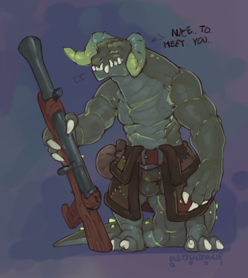 1boy 2021 anthro bag balls_outline belt belt_buckle bethesda_softworks bottomwear breath buckle bulge claws closed_eyes clothing curved_horn deathclaw dialogue english_text fallout finger_claws genital_outline gradient_background green_body green_horn green_scales greeting gun hi_res holding_object holding_weapon horn male male_deathclaw_(fallout) male_only muscular muscular_anthro muscular_male on_ground penis_outline ranged_weapon redishdragie ridged_horn rifle scales scalie signature simple_background skirt smile solo standing teeth text thick_tail toe_claws underwear video_games weapon white_claws