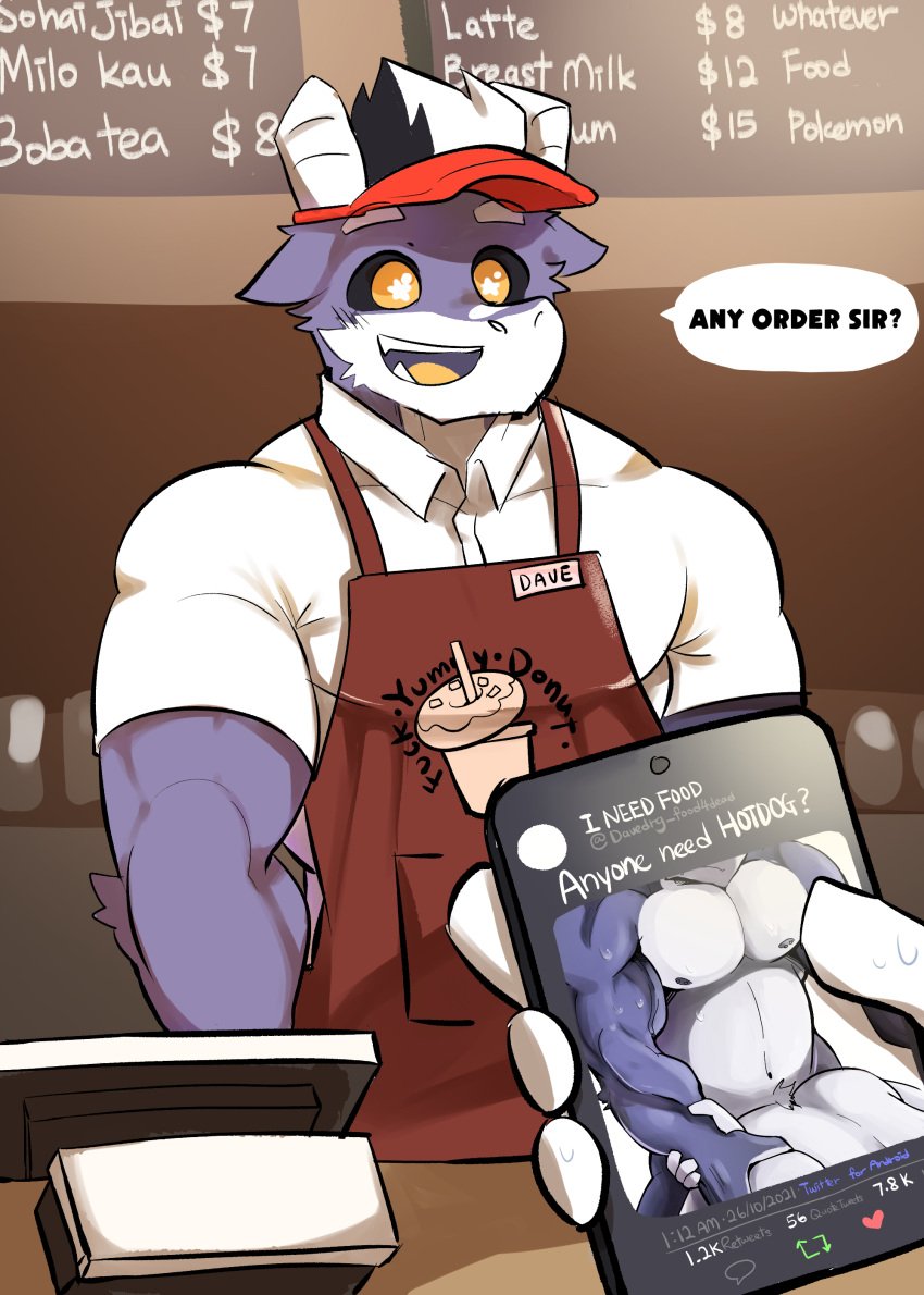 absurd_res anthro apron cashier cellphone clothing dave_dragon dragon hat headgear headwear hi_res male marshiro menu musclegut muscular muscular_male phone ruined_reputation scalie sex solo star_eyes twitter