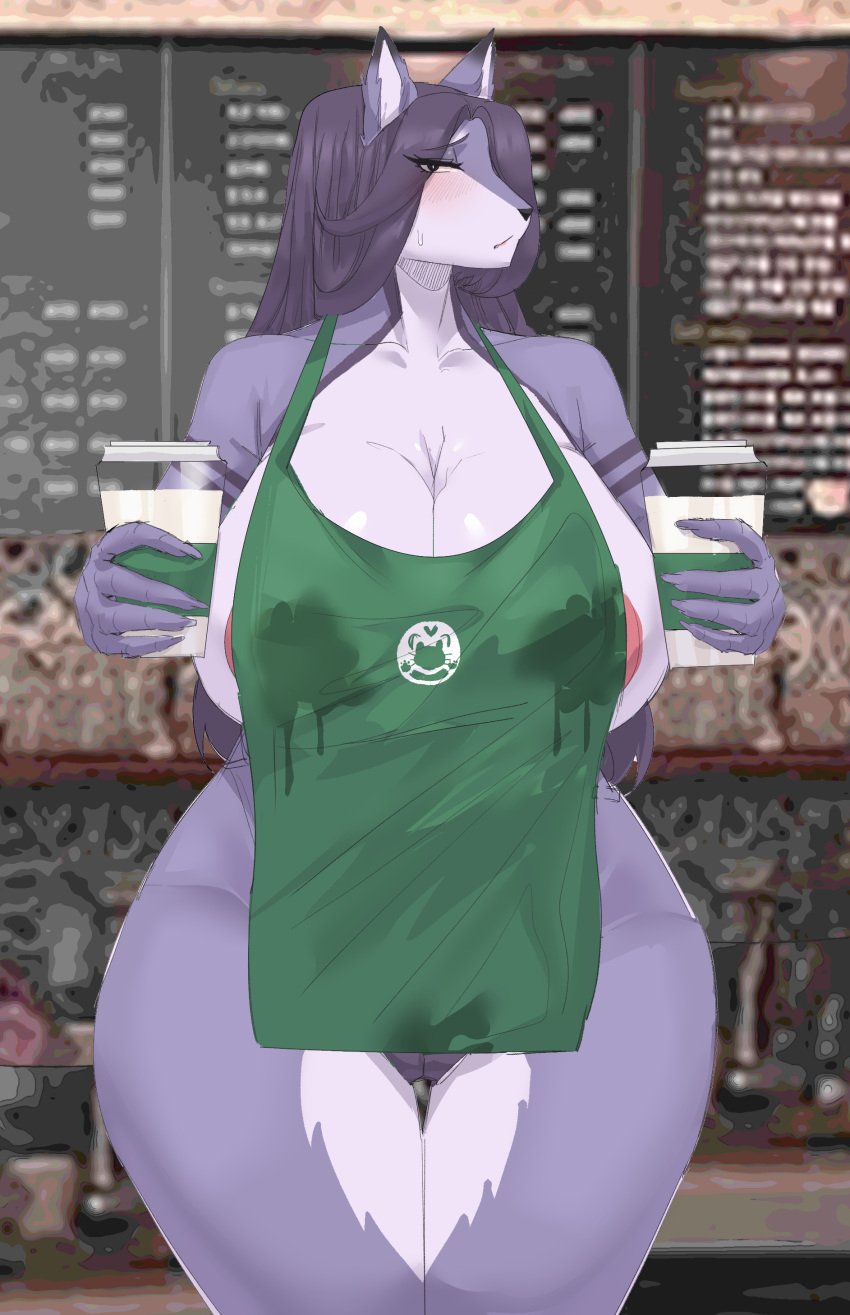 absurd_res anthro apron big_breasts blush breasts canid canine carsen clary_(cervina7) clothed clothing container cup female fur genitals green_apron hair hi_res huge_breasts i_mean_breast_milk iced_latte_with_breast_milk looking_at_viewer mammal meme mostly_nude pubic_hair pussy solo