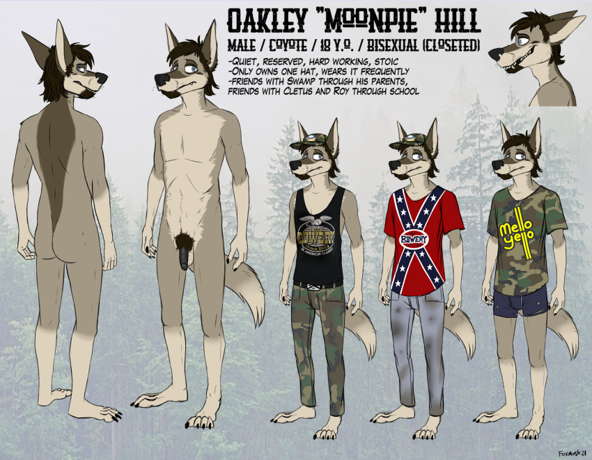 1boy 2021 anthro anthro_only artist_name bad_teeth balls ballsack blue_eyes body_fur brown_hair canine clothed confederate_flag coyote dark_penis english_text facial_hair flaccid_penis fluffy_tail foxmusk goatee grey_fur hairy_balls hat headgear headwear hi_res humanoid_penis male male_only male_pubic_hair mammal masculine missing_teeth model_sheet moonpie_(foxmusk) nude_male penis pubes redneck scrotum shirt smooth_penis solo tank_top teenager testicles text topwear yellow_teeth young