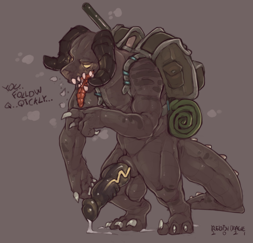 1boy 2021 anthro backpack balls bedroll bethesda_softworks black_horn black_knot black_penis bodily_fluids breath claws curved_horn deathclaw dialogue dripping english_text erection fallout finger_claws genital_fluids genitals gesture glowing glowing_eyes grey_background grey_balls grey_body grey_claws grey_scales grey_spikes hi_res horn knot male male_deathclaw_(fallout) male_only muscular muscular_anthro muscular_male on_ground panting penis pointing precum precum_drip precum_on_ground precum_string red_tongue redishdragie ridged_horn ridged_penis scales scalie signature simple_background solo spikes standing teeth text toe_claws tongue tongue_out vein veiny_knot veiny_penis video_games yellow_eyes