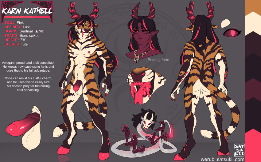 absurd_res anthro demon english_text felid genitals hi_res karn karn_kathell kira_kathell male mammal model_sheet nude pantherine penis satsukii solo text tiger url werubi_(satsukii)