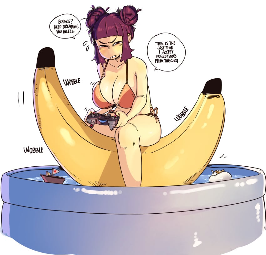 1girls big_breasts bikini breasts command_grab controller dialogue double_bun english_text female female_only inflatable inflatable_pool kiddie_pool large_breasts light-skinned_female light_skin nuclearwasabi playstation_controller purple_hair solo solo_female tagme text