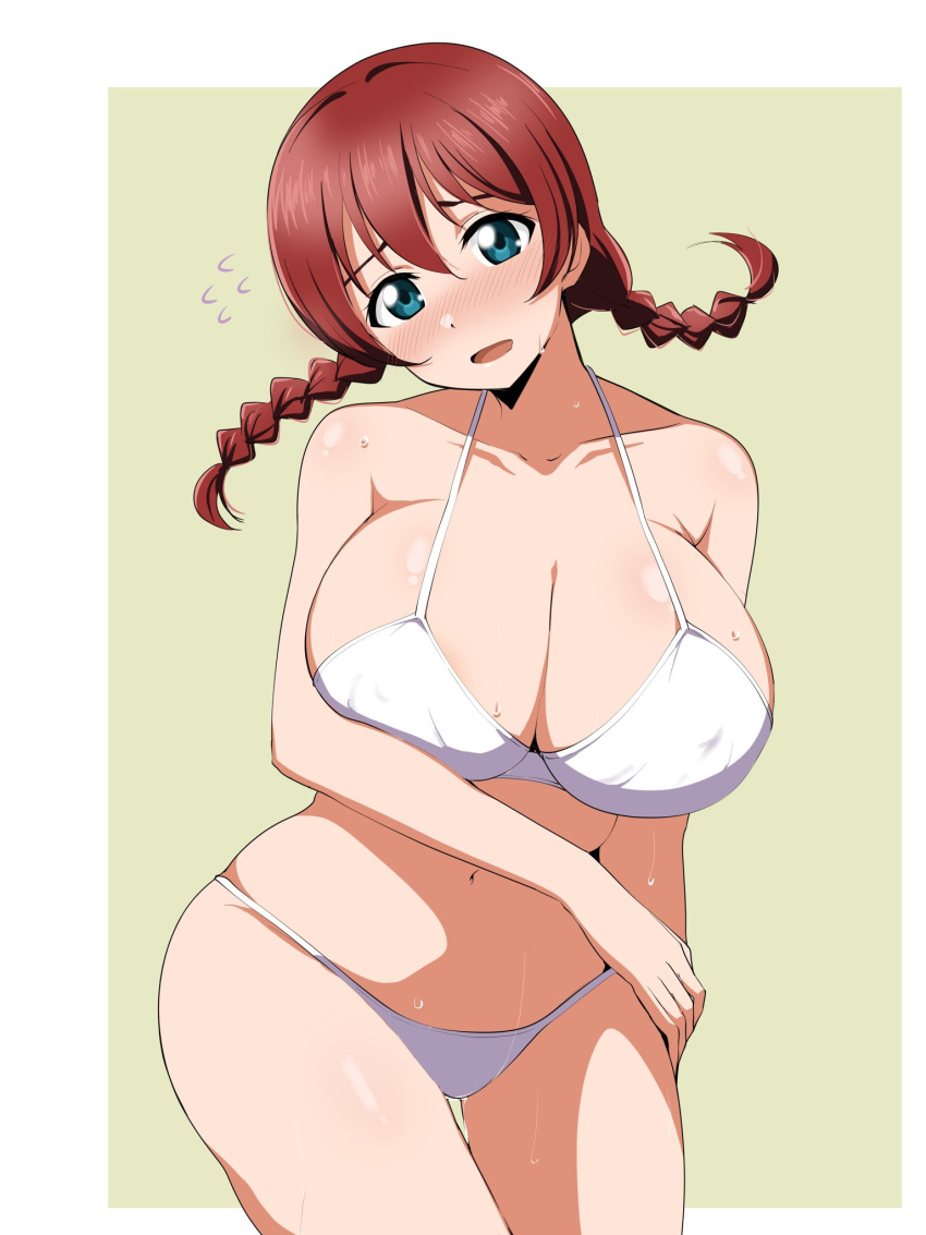 arm_over_breasts barkhorn0331 big_breasts bikini emma_verde love_live! love_live!_nijigasaki_high_school_idol_club navel nipples_visible_through_bikini thick_thighs white_bikini wide_hips