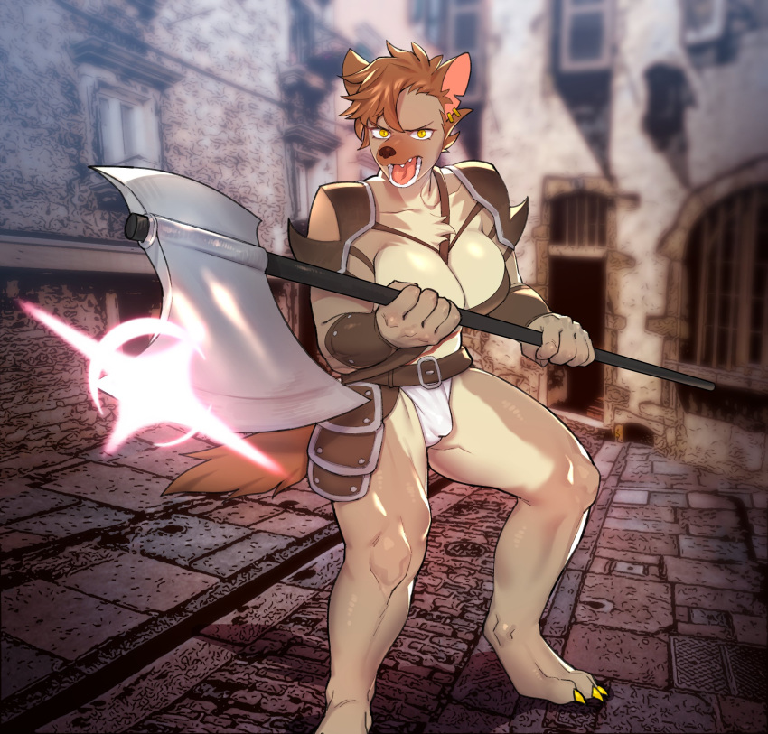 absurd_res anthro armor axe battle_axe big_breasts black_nose bottomwear breasts building bulge city claws cleavage clothed clothing fur genital_outline gnoll gynomorph hi_res holding_object holding_weapon huge_breasts hyaenid intersex loincloth mammal melee_weapon muscular muscular_anthro muscular_gynomorph muscular_intersex open_mouth outside penis_outline polearm rtr skimpy_armor snout solo spotted_hyena toe_claws underwear weapon yellow_eyes