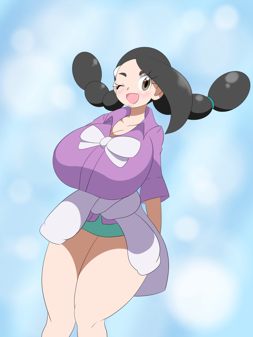 1girls alternate_breast_size big_breasts black_hair blush breasts brown_eyes candice_(pokemon) cleavage clothed clothed_female collarbone collared_shirt eyelashes female female_only hands_behind_back huge_breasts nintendo nuruudon open_mouth pale-skinned_female pale_skin pokemon pokemon_dppt short_hair short_skirt smile solo solo_female standing tagme thick_thighs twintails wink