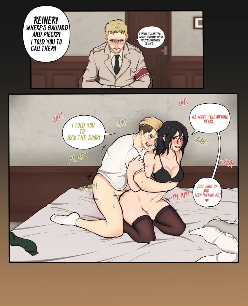 1girls 2boys attack_on_titan bed_sex black_hair blonde_hair clothes_on_bed clothes_removed eldian_armband female hard_pound hard_sex marley_military_uniform moaning movement_lines pieck_finger plap porco_galliard reiner_braun sex_on_bed shingeki_no_kyojin talking_to_partner