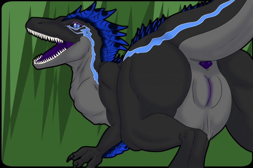 anus ass black_body blue_eyes dinosaur dromaeosaurid female feral frozen_over genitals open_mouth purple_anus pussy reptile scalie sharp_teeth solo teeth theropod velociraptor