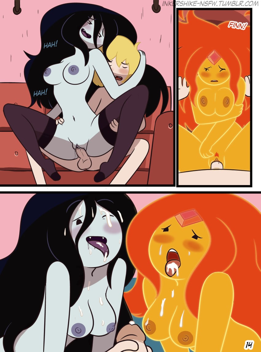 1boy 2girls adventure_time age_difference areolae arm_under_breasts bent_knees big_breasts black_hair blush breasts cartoon_network comic cum cum_in_mouth cum_on_breasts cumshot drpizzaboi1 english_text female_on_top finn_the_human flame_princess grey_skin hand_on_hip hourglass_figure inkershike long_hair marceline mature_female mature_woman missionary_position nipples older_female orange_hair orange_skin page_14 page_number pale_skin penis pleasure_face pussy reverse_cowgirl_position sex spread_legs stockings straight_hair text threesome tongue vagina vaginal_penetration vaginal_sex vampire younger_female younger_male