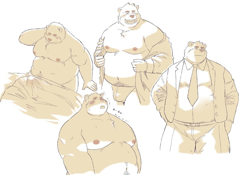 2021 anthro belly blush bottomwear bulge clothed clothing dressing erection erection_under_blanket hi_res humanoid_hands kemono male mammal moobs morning_wood multiple_poses necktie nipples open_clothing open_shirt open_topwear overweight overweight_male pants pose shirt simple_background sitting solo sv_grart topwear underwear ursid white_background