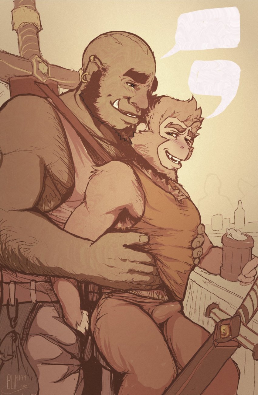 anthro armpit_hair blinian body_hair bulge clothed clothing dark-skinned_male dark_skin dialogue duo empty_speech_bubble erection erection_under_clothing fondling gay hand_in_shirt haplorhine hi_res humanoid male male/male male_only mammal monkey orc orc_male primate