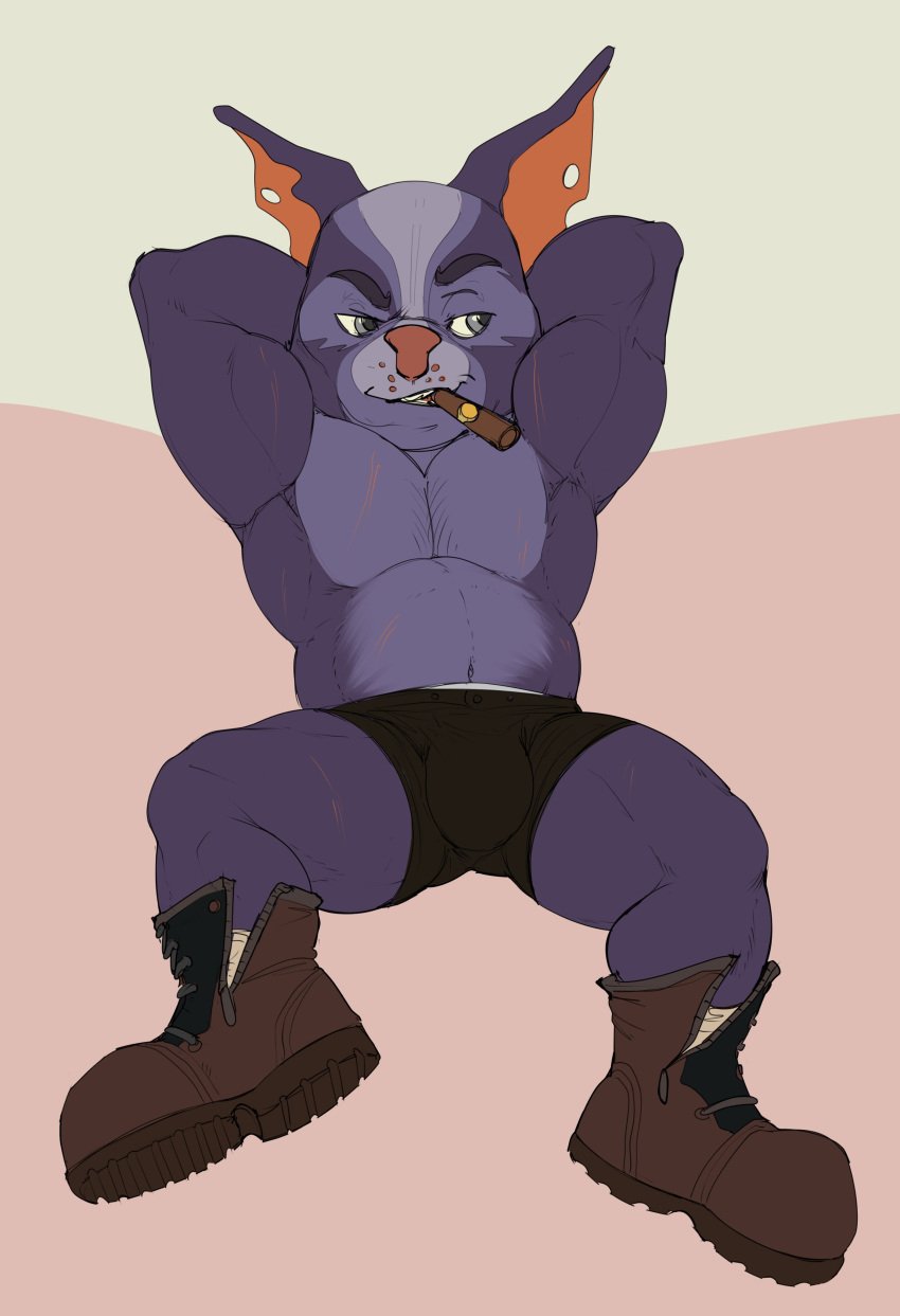 2021 absurd_res anthro arm_scar belly big_biceps big_calves big_muscles big_nose big_pecs big_quads black_bottomwear black_clothing black_shorts blue_arms blue_belly blue_body blue_chest blue_ears blue_face blue_fur blue_legs boots bottomwear bristol brown_boots brown_clothing brown_footwear bulge chest_scar chua cigar cigar_in_mouth clothed clothed_anthro clothed_male clothing colored digital_drawing_(artwork) digital_media_(artwork) eyebrows flat_colors footwear front_view full-length_portrait fur grey_eyebrows grey_eyes grey_pupils half-closed_eyes hands_behind_head hi_res leg_scar looking_aside looking_away male male_anthro male_only mammal manly musclegut muscular muscular_anthro muscular_male narrowed_eyes open_mouth open_smile orange_inner_ear pecs pink_nose portrait pupils scar short_anthro short_male shorts simple_background sitting smile socks solo tan_background toony topless topless_anthro topless_male underwear white_clothing white_footwear white_socks white_underwear wildstar yellow_background