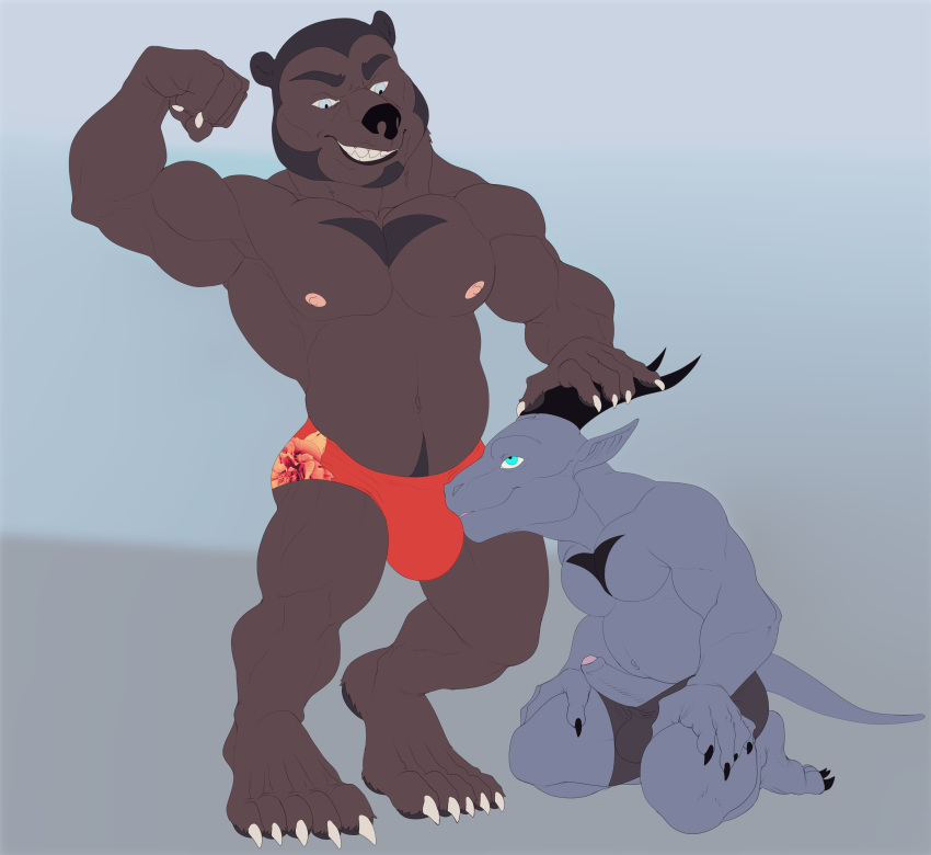 2021 2_horns 5_fingers 5_toes absurd_res anthro anthro_on_anthro balls_outline belly belly_markings big_biceps big_bulge big_muscles big_nose big_quads big_triceps black_belly black_body black_chest black_claws black_ears black_eyebrows black_horn black_markings black_nose black_pawpads black_scales blue_eyes bristol brown_arms brown_belly brown_body brown_chest brown_feet brown_fingers brown_fur brown_hands brown_legs brown_neck brown_toes bulge chest_markings claws clothed clothed_anthro clothed_male clothing colored digital_drawing_(artwork) digital_media_(artwork) dragon duo ear_tuft erection eyebrows feet fingers flat_colors flexing flexing_bicep front_view full-length_portrait fur genital_outline genitals grey_arms grey_background grey_belly grey_body grey_chest grey_ears grey_face grey_feet grey_fingers grey_hands grey_inner_ear grey_legs grey_neck grey_penis grey_scales grey_tail grey_toes hand_on_horn hands_on_legs hi_res horn huge_muscles huge_pecs humanoid_genitalia humanoid_hands humanoid_penis imminent_fellatio imminent_sex interspecies kneeling_oral_position looking_down_at_partner looking_up_at_partner male male/male male_anthro mammal markings multicolored_belly multicolored_penis muscular muscular_anthro muscular_male nipples obliques open_mouth open_smile partially_clothed_anthro partially_clothed_male pawpads penis pink_nipples pink_penis poking_out portrait scales serratus sharp_teeth simple_background small_ears smile teeth toes toony topless topless_anthro topless_male tuft two_tone_belly two_tone_chest two_tone_penis ursid white_claws