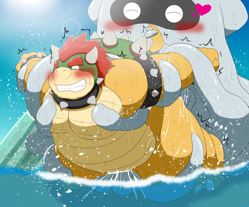 2021 anthro aosano_tenpura belly blooper blush bowser duo feral hi_res kemono koopa male male_focus male_only male_penetrated mario_(series) moobs nintendo outside overweight overweight_male scalie super_mario_bros. tentacle video_games water