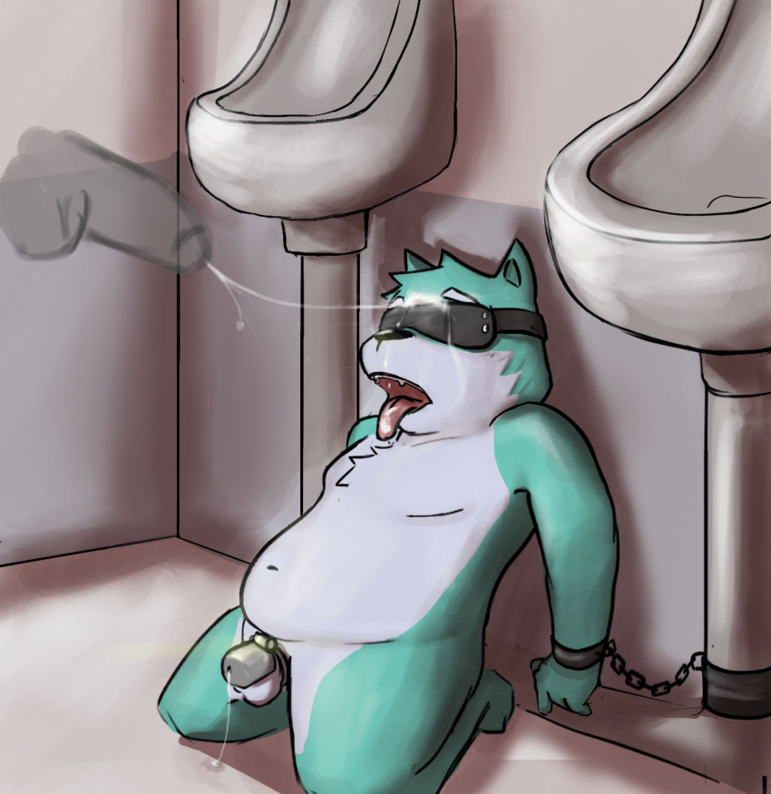 blindfold blue_body blue_fur blue_wolf bodily_fluids chastity_cage chastity_device cum cum_on_face fur furry genital_fluids handcuffed handcuffs hi_res kneeling male male/male precum precum_string restraints sebasteray shackles tongue tongue_out urinal