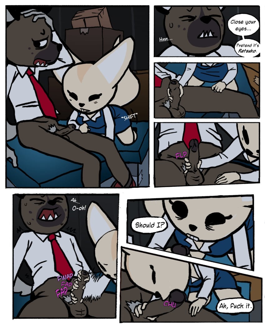 1boy 1girls aggressive_retsuko anthro balls ballsack big-fig body_fur bottomwear bulge canid canine cartoony closed_eyes clothed clothing comic comic_page detailed_background dialogue duo english_text erection fellatio female fennec fenneko foreskin fox frenulumless_foreskin fully_retracted_foreskin genitals haida hallway handjob hi_res humanoid_penis hyaenid intact male male/female male_pubic_hair mammal moan moving_foreskin necktie nervous office office_lady open_mouth oral oral_sex pants_down partially_clothed partially_retracted_foreskin penile penis pubes sanrio scrotal_raphe scrotum sex sitting skirt smooth_fur smooth_penis speech_bubble straight teeth testicles text uncut underwear window