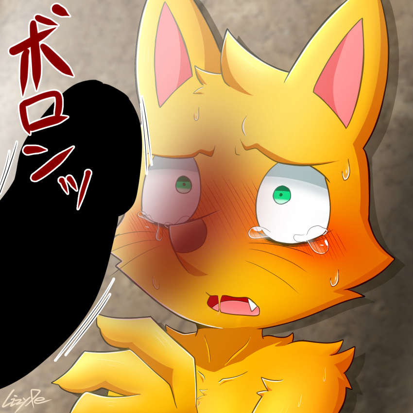 1:1 anthro blush bodily_fluids canid canine crying fox green_eyes hi_res japanese_text kaiketsu_zorori leaflizard0903 male male/male mammal penis_silhouette tears text zorori