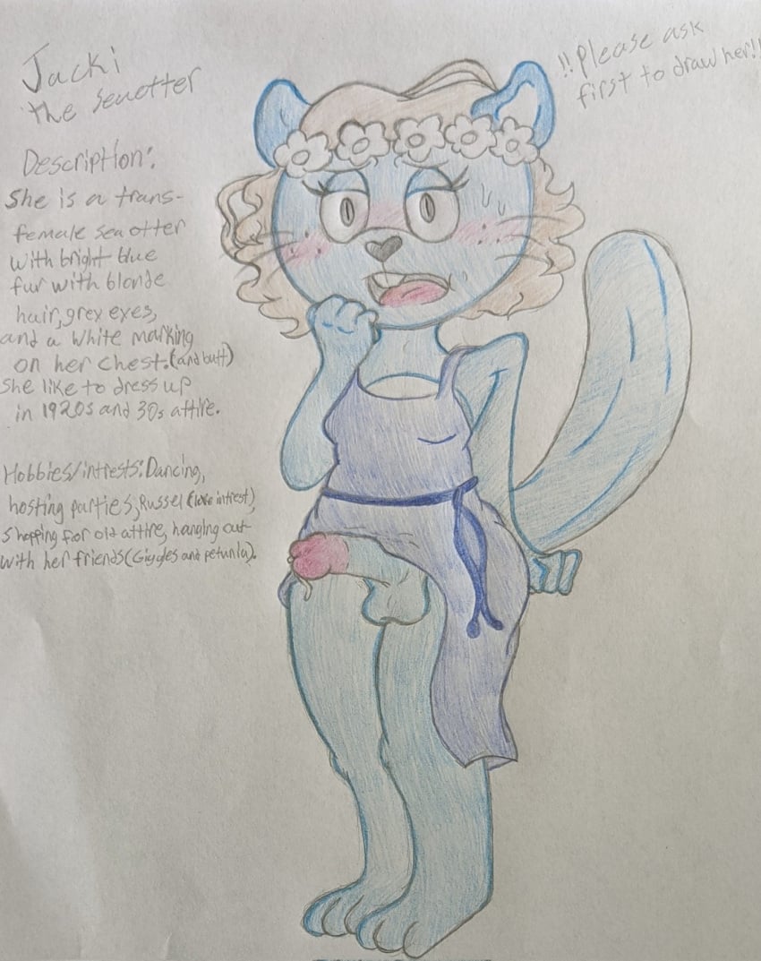 anthro balls balls_under_clothes blonde_hair bodily_fluids bottomless_skirt clothing embarrassed english_text erection erection_under_clothes erection_under_skirt fan_character flat_chest flower flower_crown fur futa_only futanari genital_fluids genitals grey_eyes hair happy_tree_friends hi_res intersex jacklyn_brown lutrine mammal model_sheet mustelid nude penis penis_out penis_under_clothes penis_under_skirt plant precum sea_otter skirt skirt_lift solo text traditional_media_(artwork)