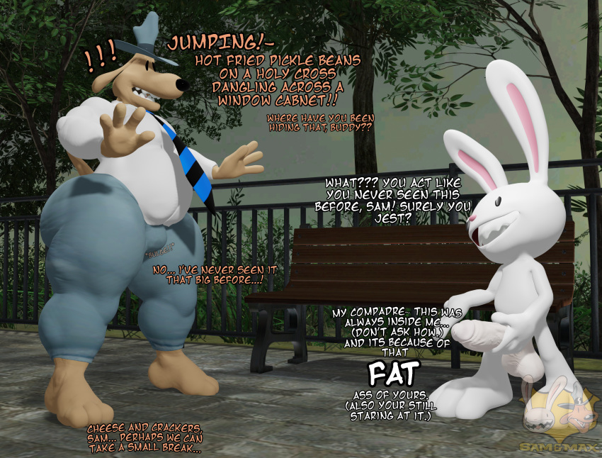 2021 3d 3d_(artwork) anthro ass belly better_version_at_source big_belly big_butt big_nose big_penis blender_(disambiguation) bottomwear bulge canid canine canis clothing denim denim_clothing dialogue digital_media_(artwork) domestic_dog dunkin_kk_(artist) duo english_text genitals hat headgear headwear hi_res hunting_dog irish_wolfhound jeans lagomorph male male/male mammal max_(sam_and_max) musclegut necktie pants penis sam_and_max samuel_dog shirt sighthound surprise teasing text thick_thighs throbbing tight_clothing topwear undershirt video_games wide_hips