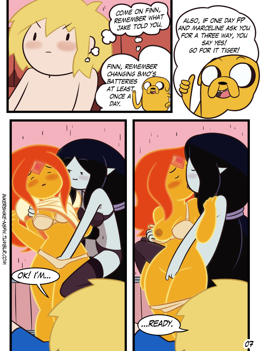 1boy 2girls adventure_time age_difference areolae big_breasts black_hair blush bra breasts cartoon_network comic drpizzaboi1 english_text fingering finn_the_human flame_princess grey_skin inkershike jake_the_dog kissing long_hair marceline masturbating masturbation mature_female mature_woman nipples older_female orange_hair orange_skin page_7 page_number pale_skin panties panties_down stockings straight_hair text threesome undressing vagina vaginal_masturbation vampire younger_female younger_male yuri